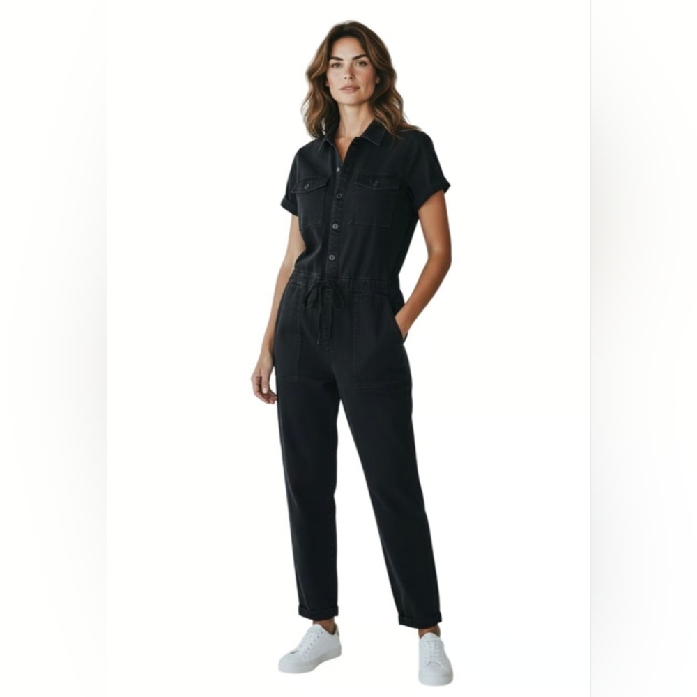 YFB Black Denim Utility Jumpsuit Short Sleeve Button Up Wide Leg Size Small